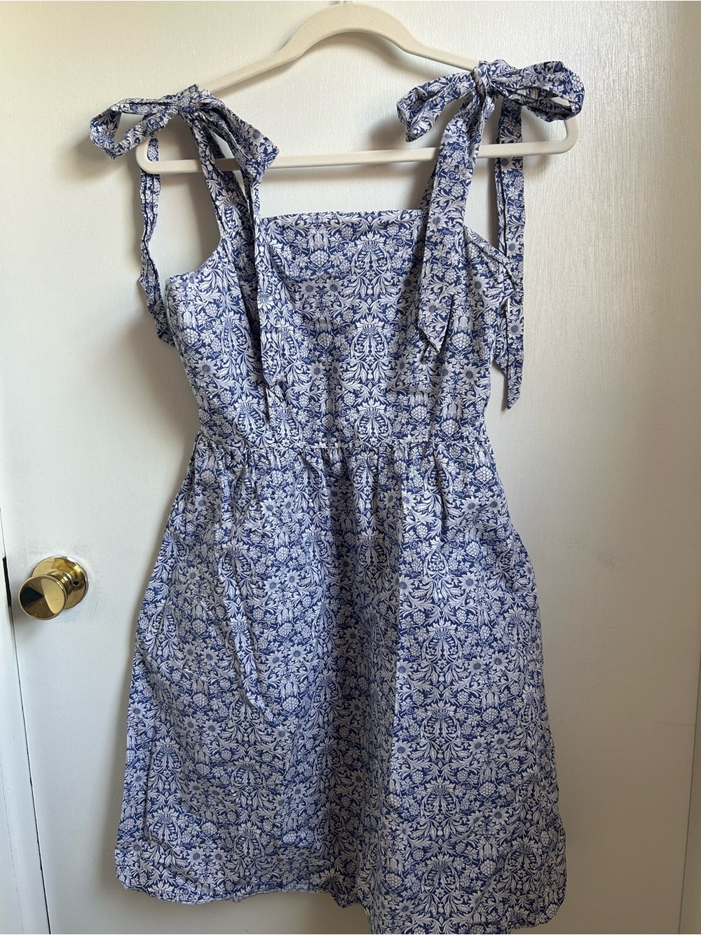 Blue and White Floral Tie-Shoulder Apron Dress